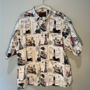 Men's Nautical Patriotic Print Collared Button Down 100% Cotton Resortwear XXL
